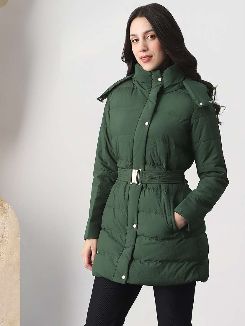globus women green mock neck long sleeves belted winter wear insulator puffer jacket with detachable hood