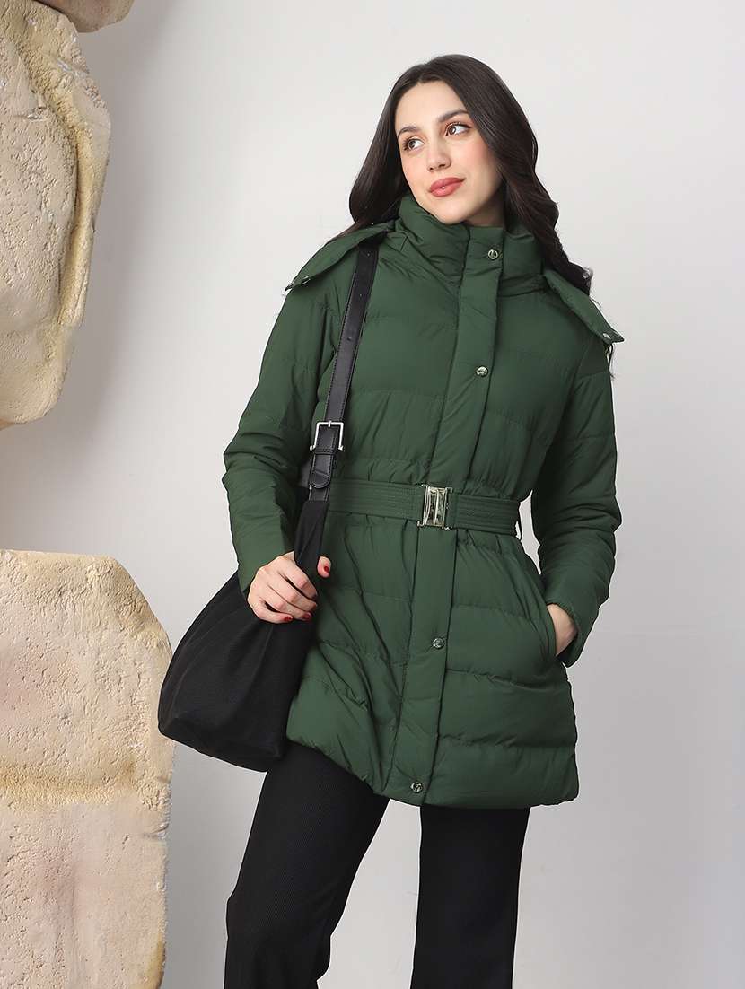 globus women green mock neck long sleeves belted winter wear insulator puffer jacket with detachable hood - 22147789 -  Standard Image - 2