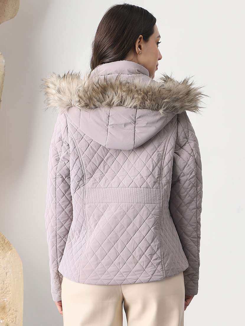 Globus Women Mauve Mock Neck Winter Wear Insulator Puffer Jacket With Detachable Faux Fur Hood - 22147790 -  Standard Image - 2
