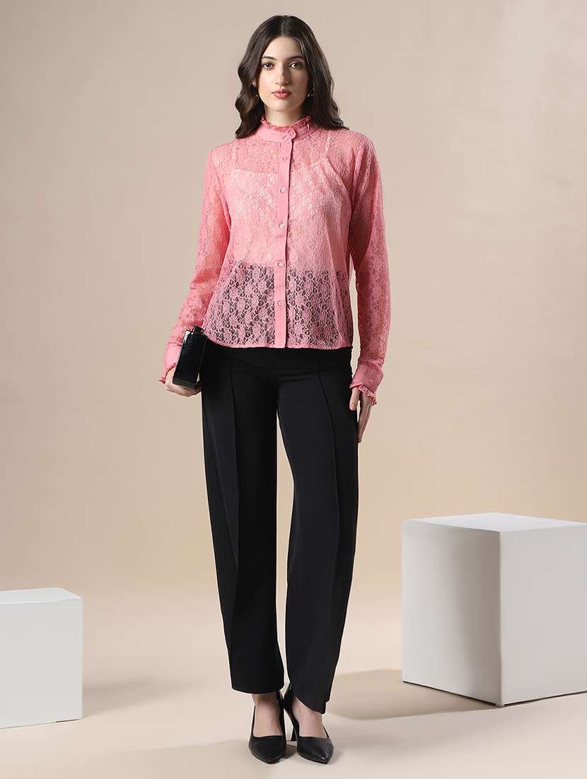 globus women pink frilled neck cuffed sleeves curved hem floral lace party shirt - 22147792 -  Standard Image - 2