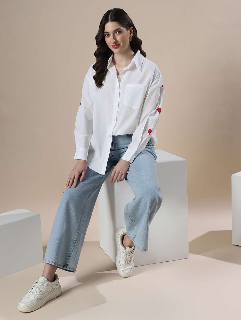 globus women white collared neck embroidered detail cuffed sleeves high-low hem oversized party shirt - 22147793 -  Standard Image - 2