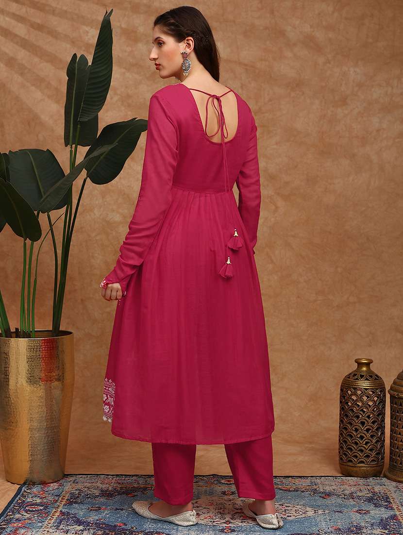 globus women magenta floral embroidered pleated high-slit pom pom hem a-line kurta & pants festive set - 22147795 -  Standard Image - 2