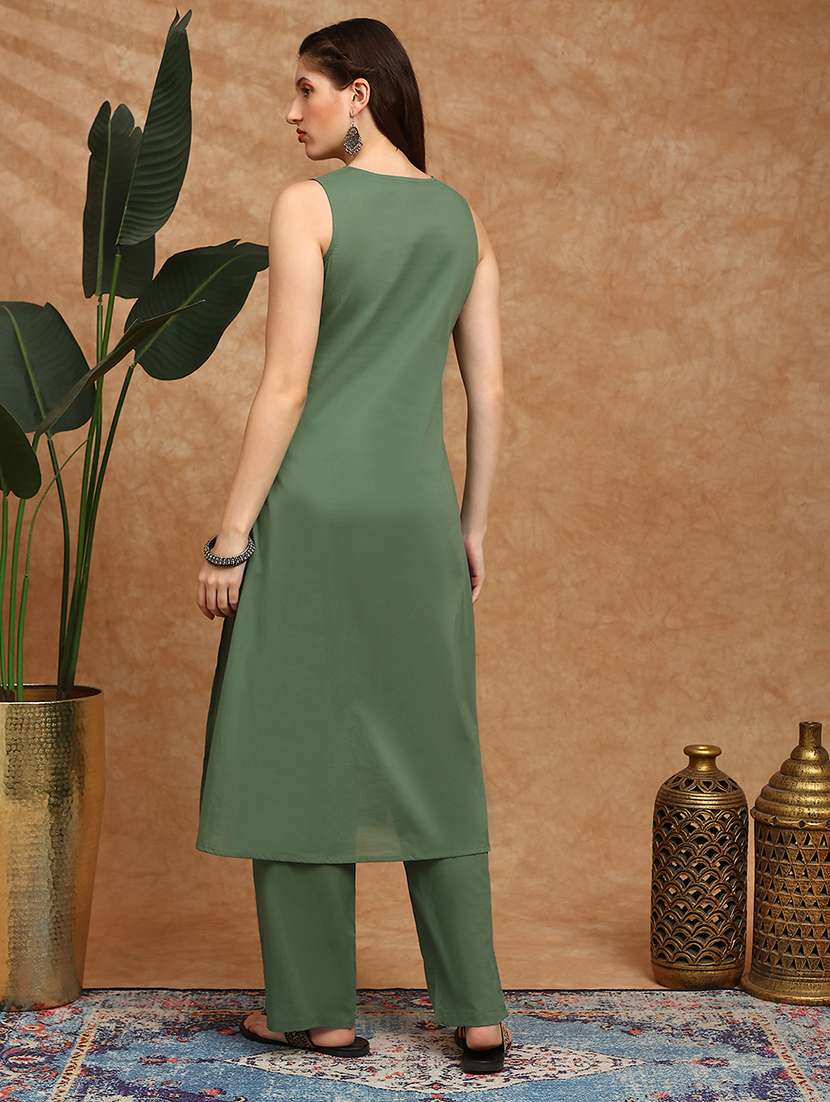 globus women green embroidered yoke tie-up detail straight kurta with pants set - 22147799 -  Standard Image - 2
