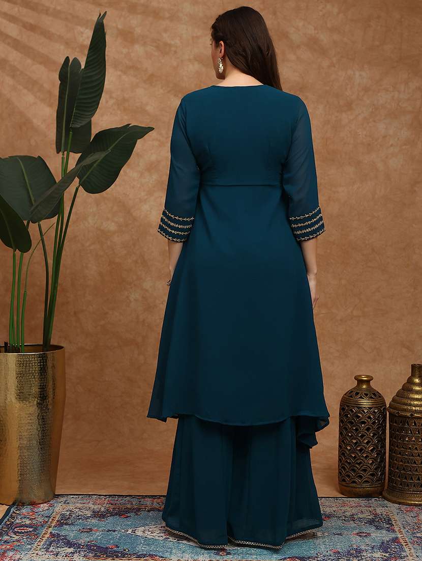 globus women teal v-neck floral zari embroidered yoke georgette a-line kurta with sharara festive set - 22147804 -  Standard Image - 2