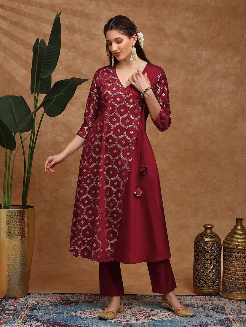 globus women maroon v-neck floral foil print angrakha a-line kurta with pants festive set - 22147805 -  Standard Image - 2