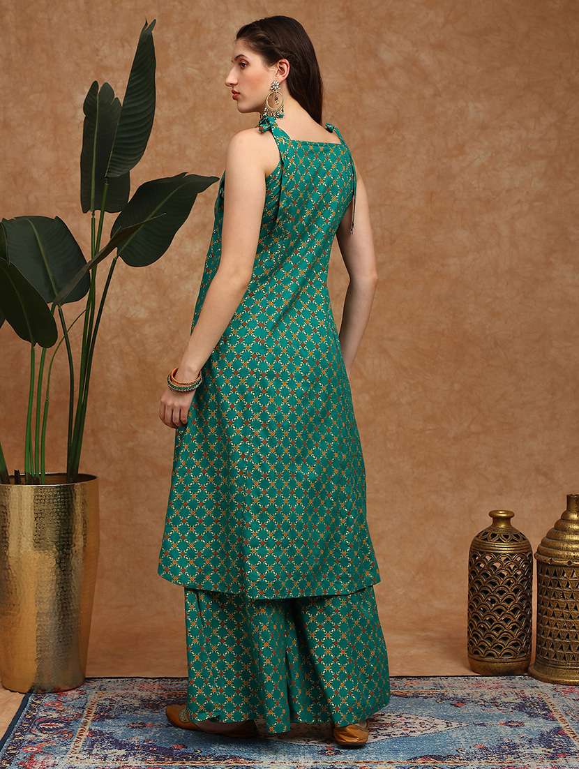 globus women green coin detail tie-up shoulder straps embroidered yoke ethnic foil print front slit a-line kurta & palazzos set - 22147806 -  Standard Image - 2