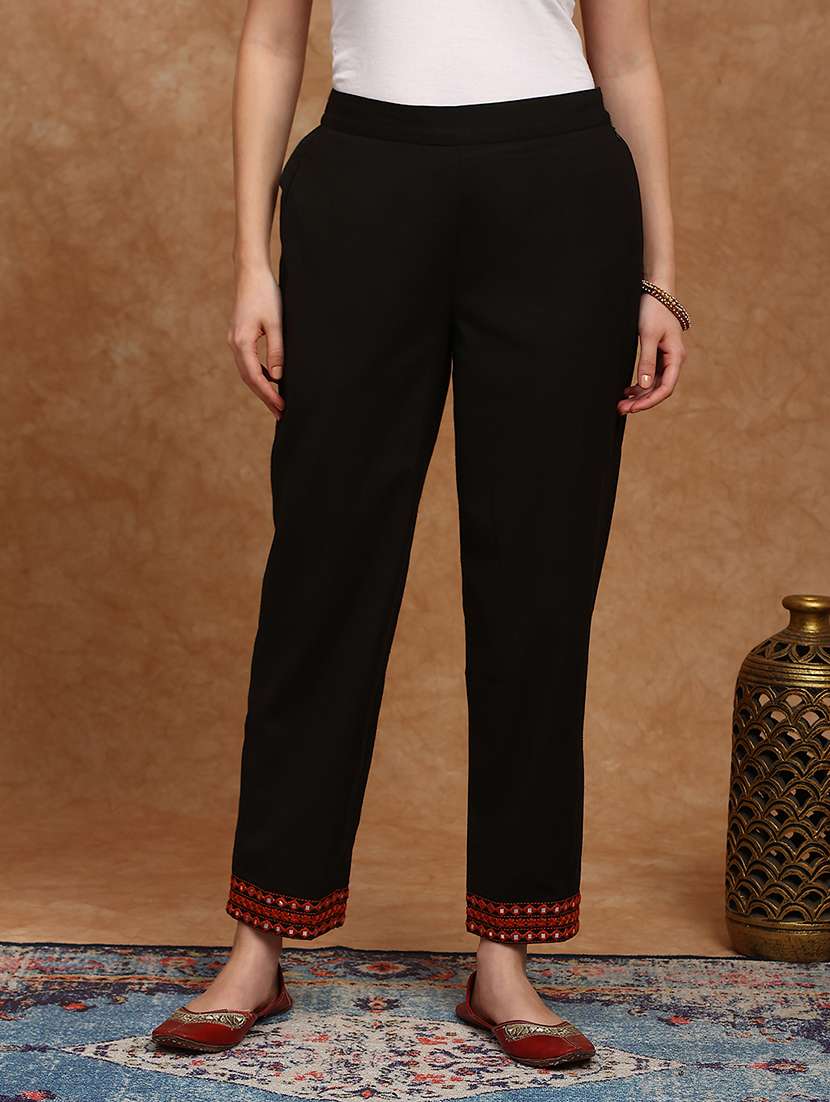 globus women black embroidered hem straight fit mid rise ethnic pant - 22147809 -  Standard Image - 2