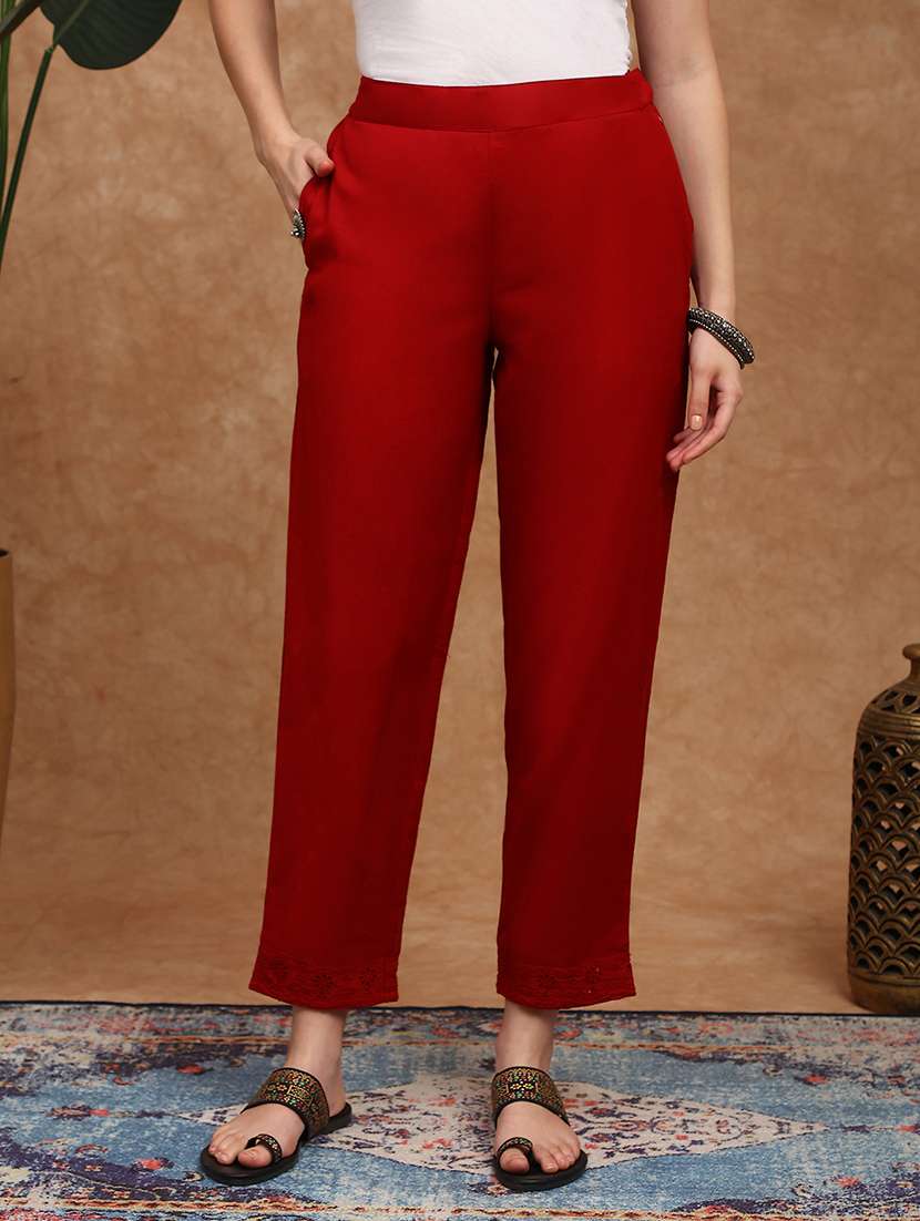 globus women maroon high rise schiffli hem straight fit ethnic pants