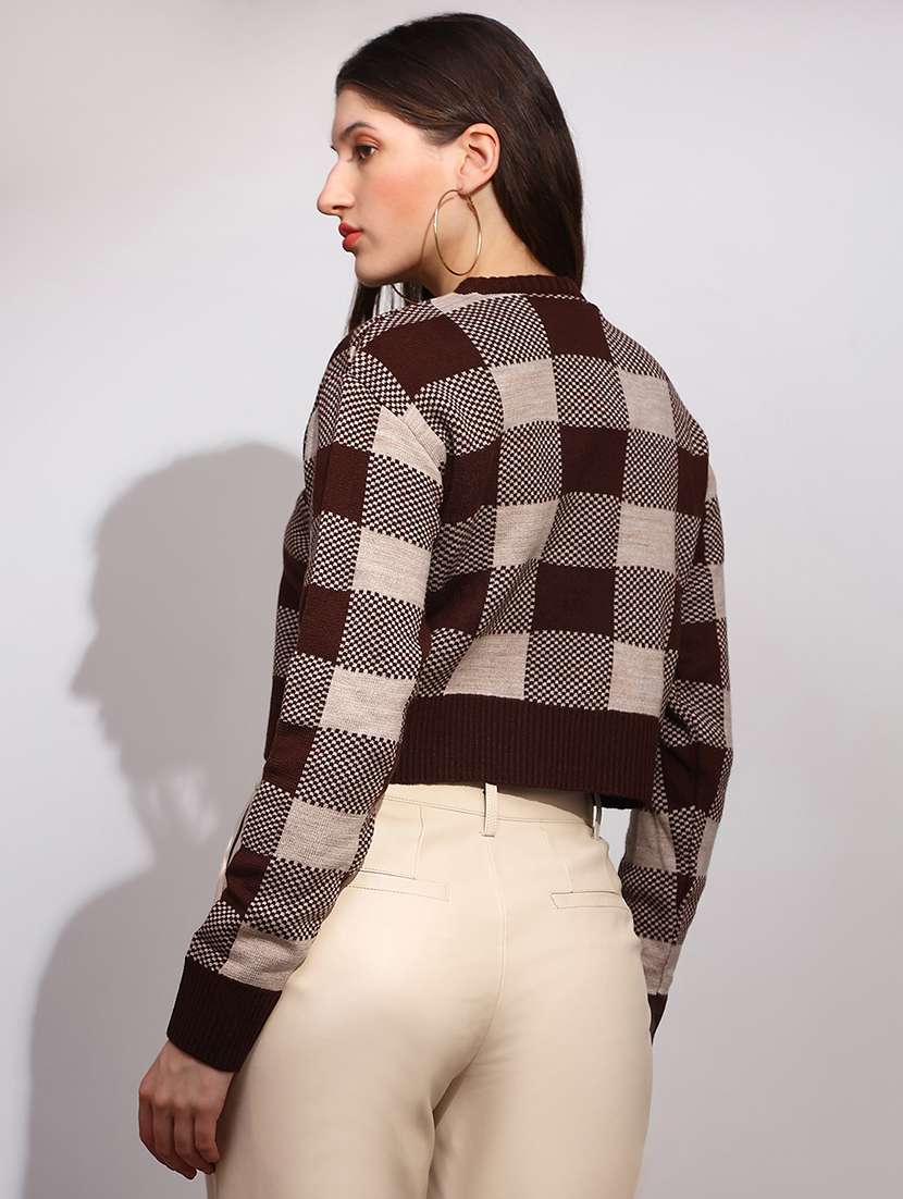 women checkered long sleeve crop pullover - 22147812 -  Standard Image - 2