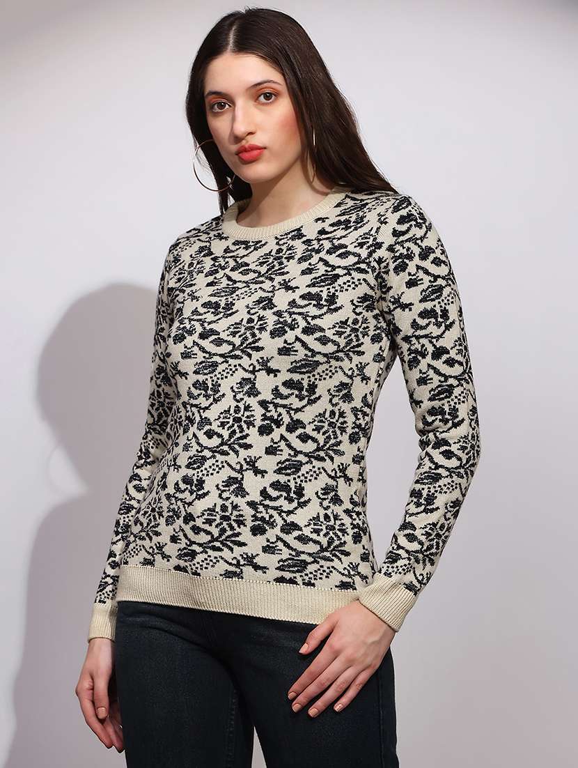 globus women black round neck long sleeves floral print ribbed hem winterwear pullover sweater - 22147813 -  Standard Image - 2