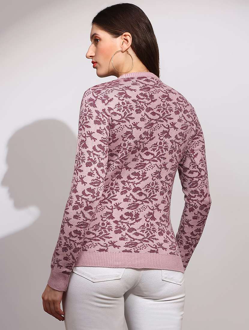 globus women pink round neck long sleeves floral print ribbed hem winterwear pullover sweater - 22147814 -  Standard Image - 2