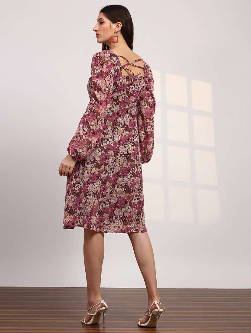 globus women multicolour georgette floral printed square neck bishop sleeves stylized back fit & flare midi dress - 22147815 -  Standard Image - 2
