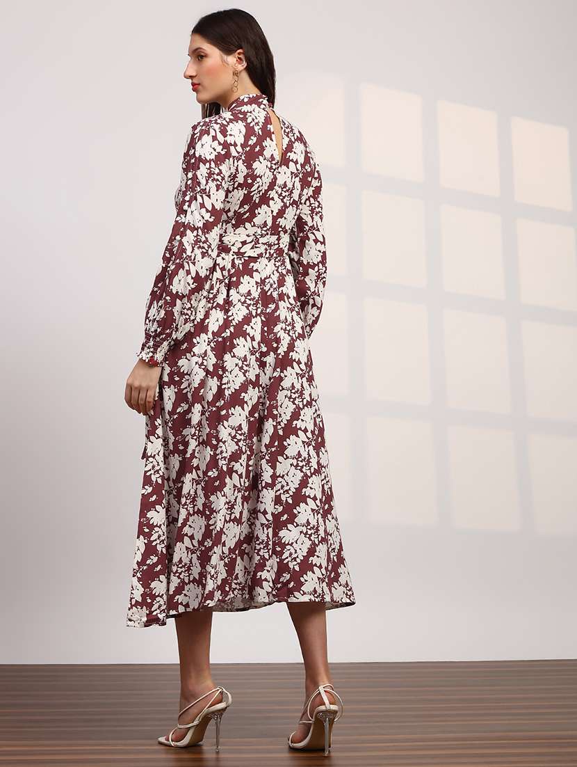 globus women maroon allover floral print high neck bishop sleeves belted fit & flare midi dress - 22147818 -  Standard Image - 2
