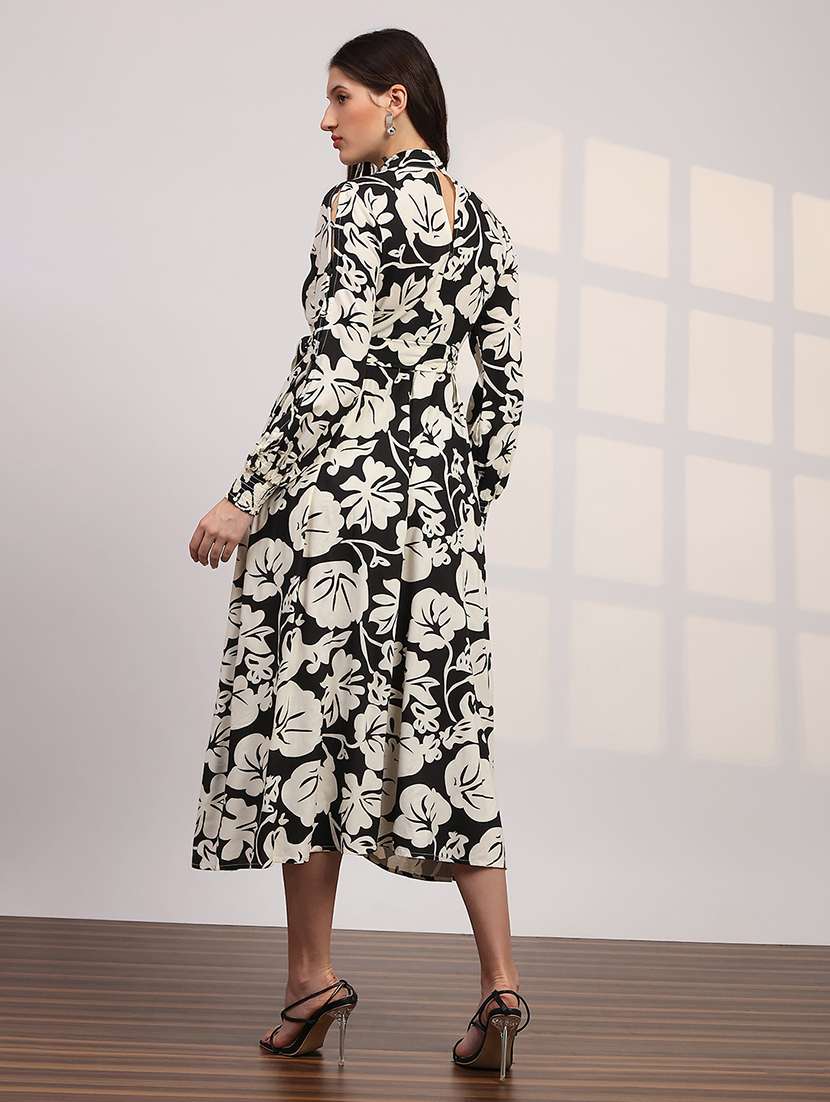 globus women black allover floral print high neck bishop sleeves belted fit & flare midi dress - 22147819 -  Standard Image - 2
