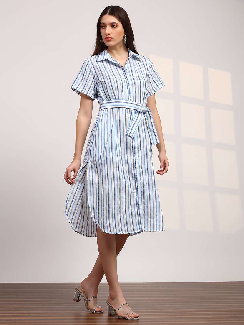 women striped collared short sleeve shirt dress