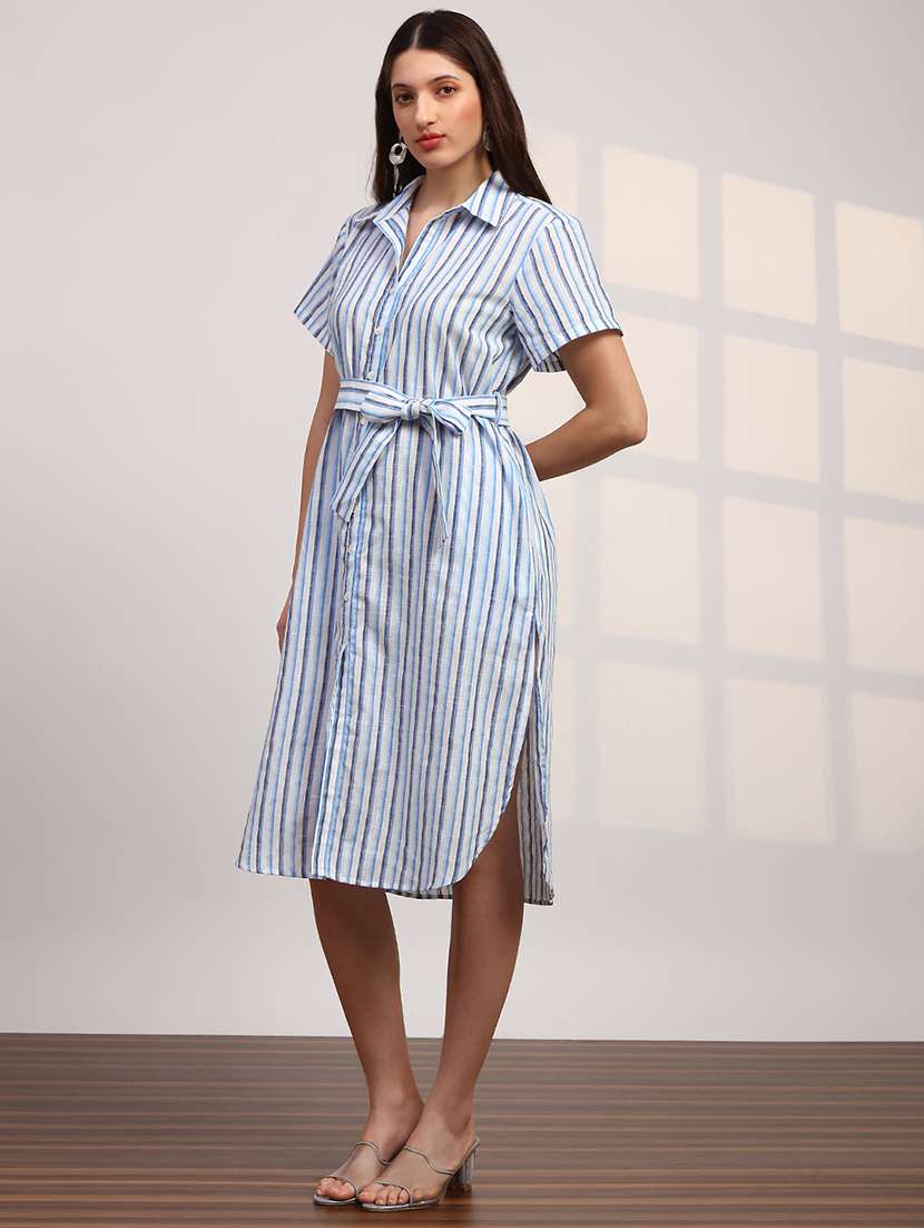 globus women blue stripes printed collared neck curved hem button-down belted shirt style dress - 22147820 -  Standard Image - 2