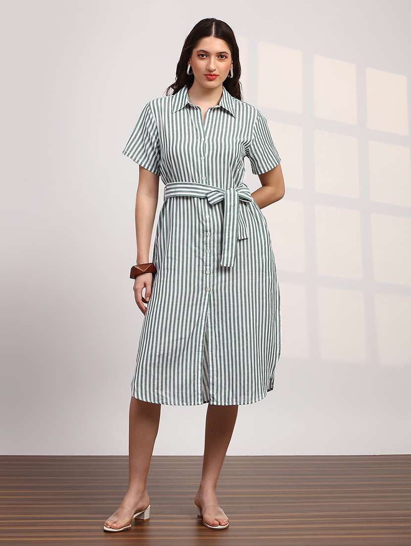 globus women green stripes printed collared neck curved hem button-down belted shirt style dress