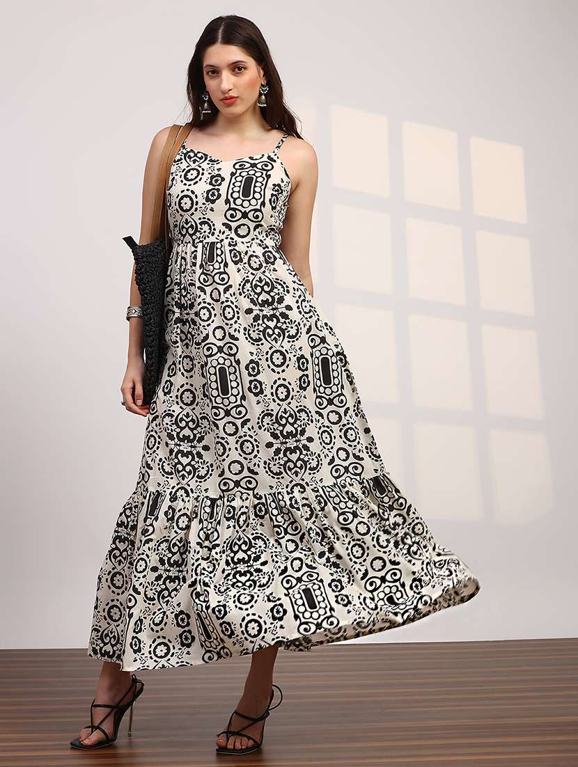 globus women black ethnic printed v-neck strappy sleeves smocked tiered fit & flare maxi dress