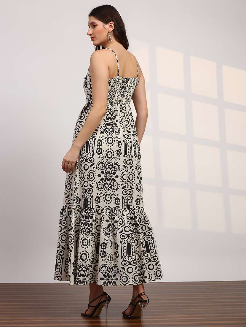 globus women black ethnic printed v-neck strappy sleeves smocked tiered fit & flare maxi dress - 22147826 -  Standard Image - 2