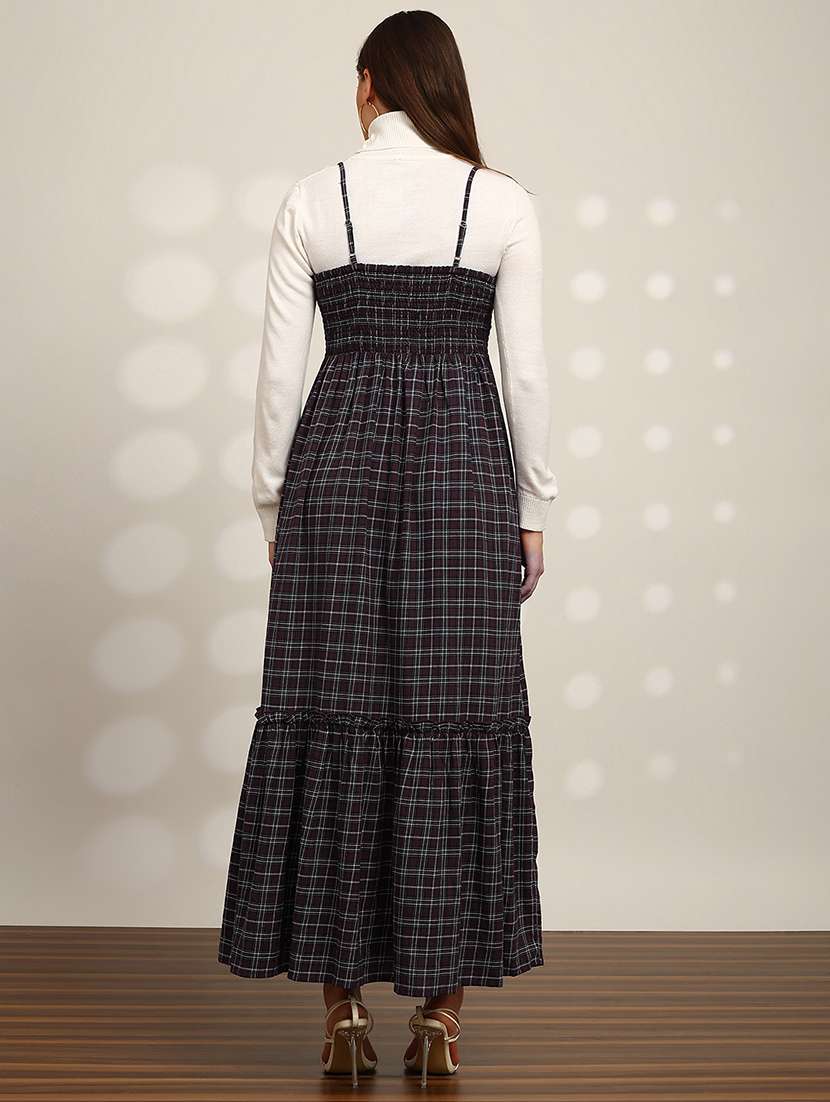 globus women maroon checkered strappy sleeves sweetheart neck bow detail smocked tiered fit & flare maxi dress - 22147827 -  Standard Image - 2