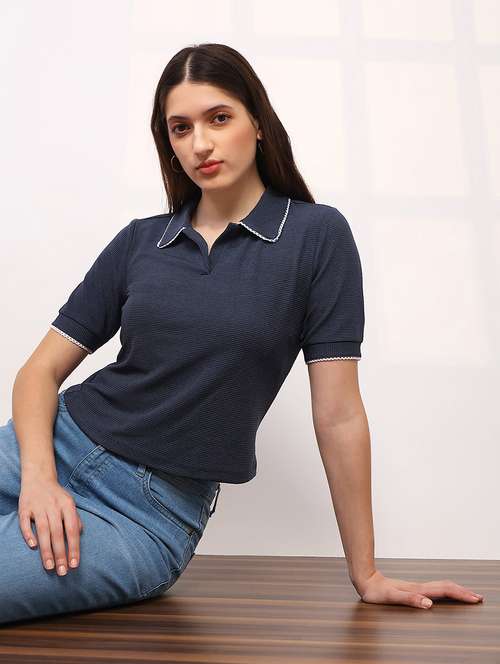 solid collared polyester blend regular fit top - 22147828 -  Standard Image - 0