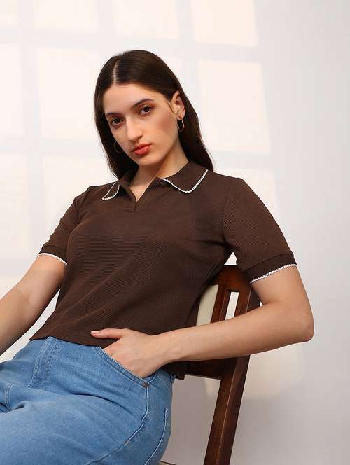 women solid short sleeve collared regular top - 22147829 -  Standard Image - 0