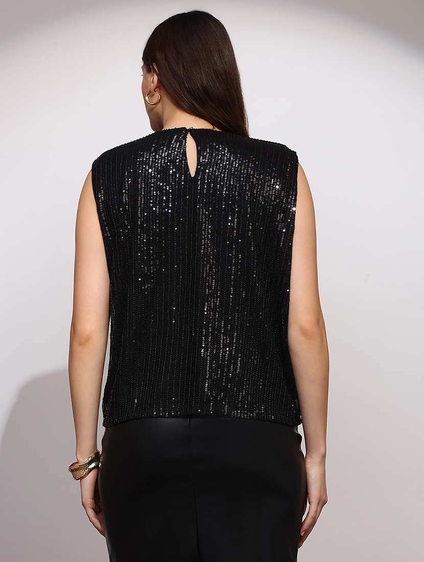 globus women black sequinned embellished round neck sleeveless party top - 22147830 -  Standard Image - 2