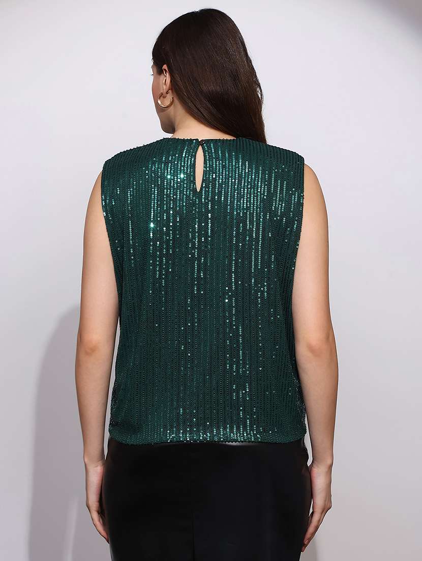 globus women green sequinned embellished round neck sleeveless party top - 22147831 -  Standard Image - 2