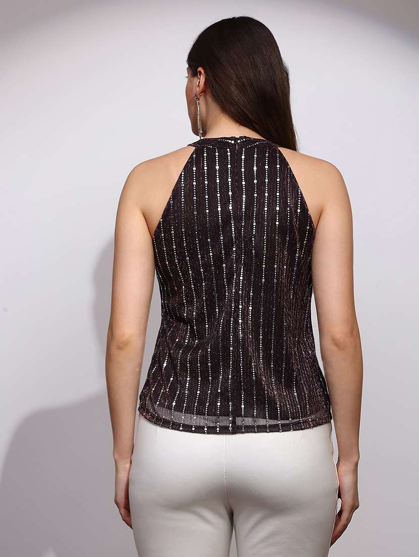 globus women brown spangle embellished halter keyhole neck sleeveless party top - 22147832 -  Standard Image - 2