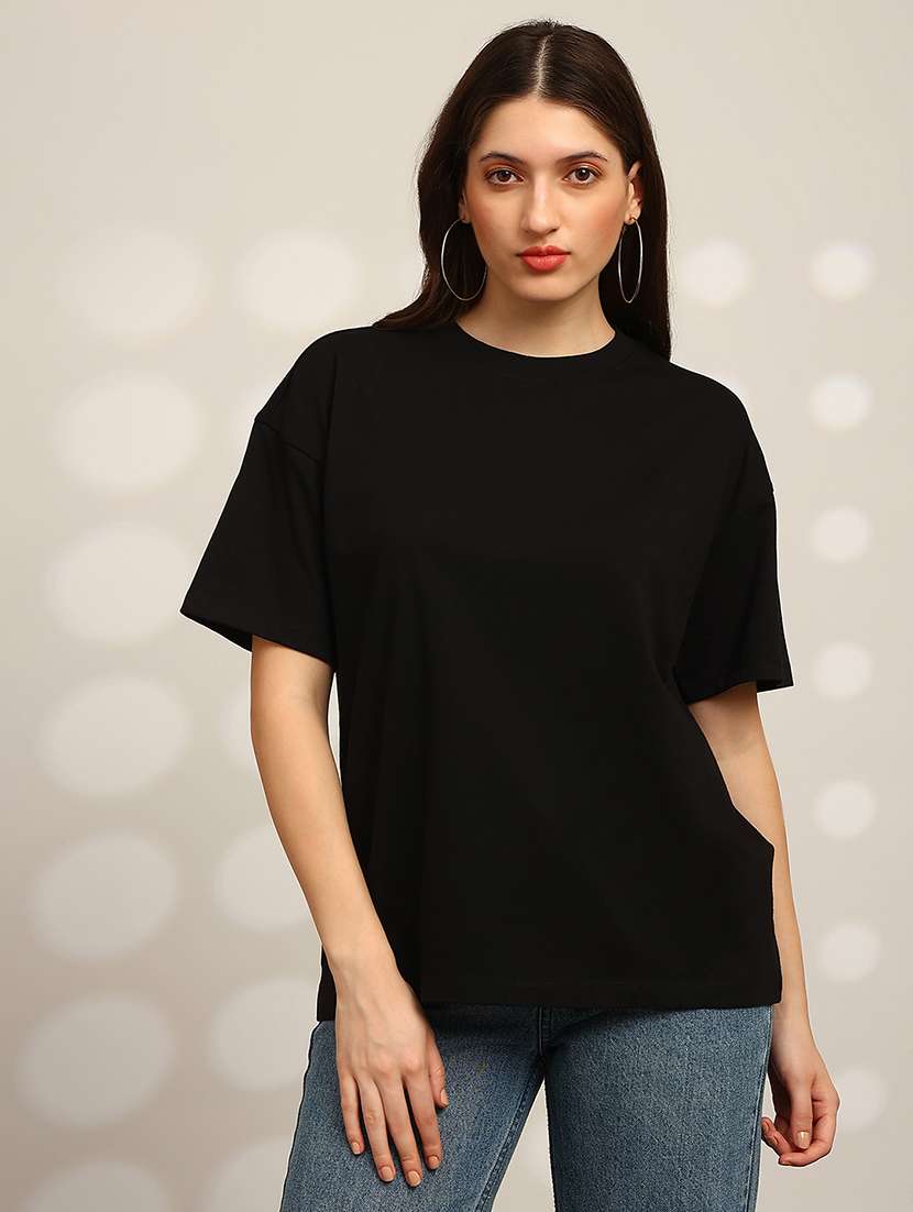 globus women black back graphic print round neck drop shoulder sleeves oversized t-shirt