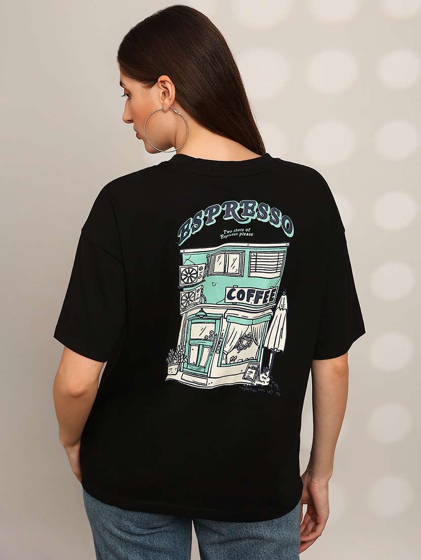 globus women black back graphic print round neck drop shoulder sleeves oversized t-shirt - 22147834 -  Standard Image - 2