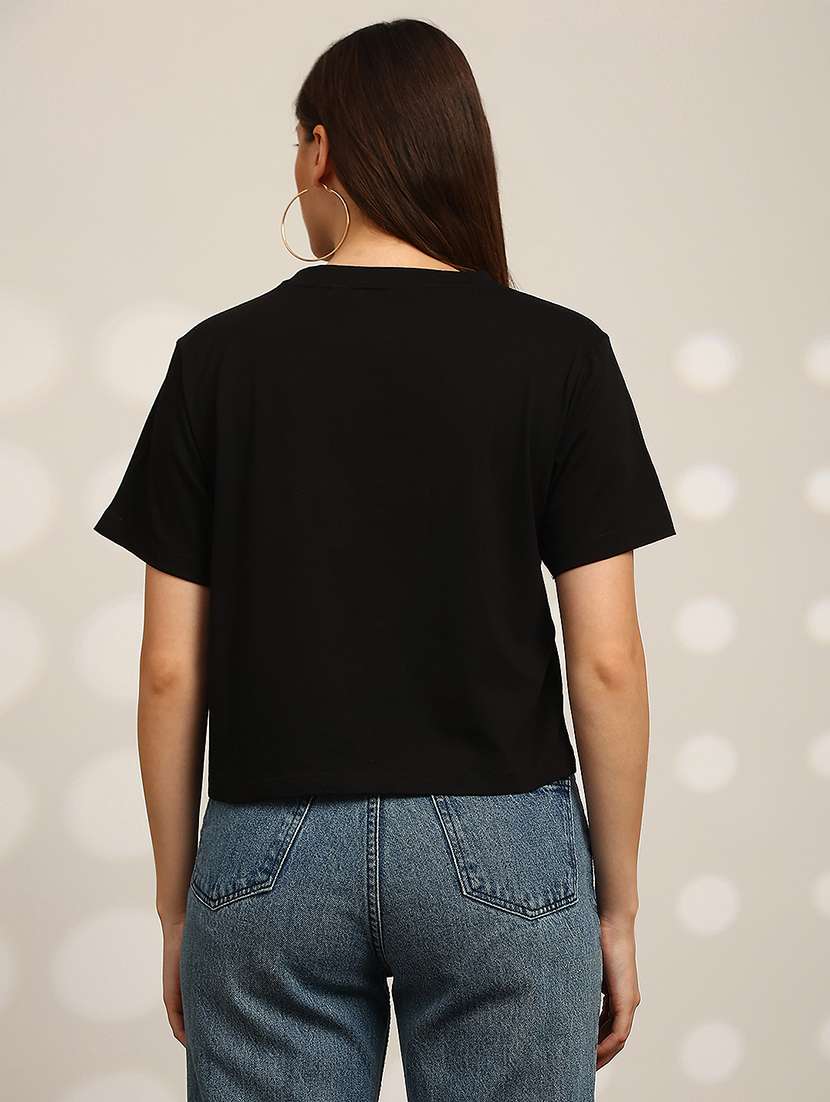 globus women black graphic print round neck drop shoulder sleeves oversized crop t-shirt - 22147836 -  Standard Image - 2