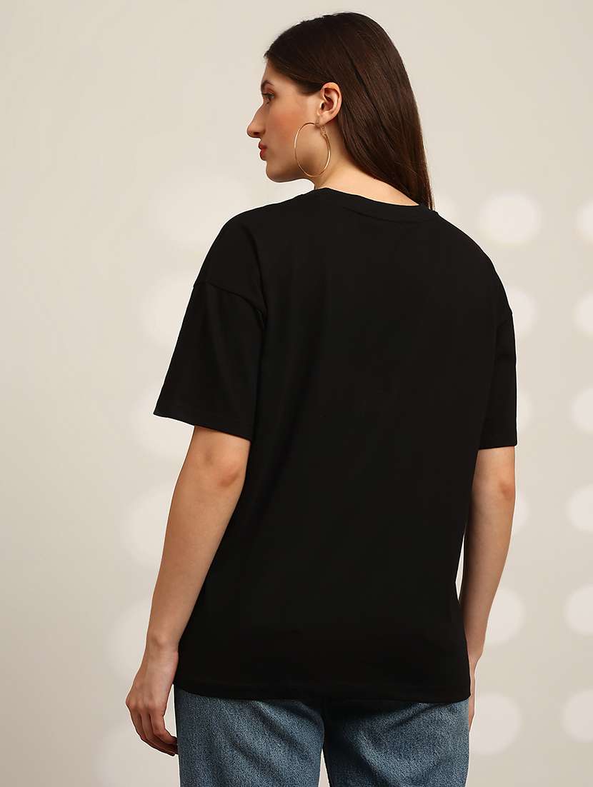 globus women black graphic print round neck drop shoulder sleeves oversized t-shirt - 22147839 -  Standard Image - 2