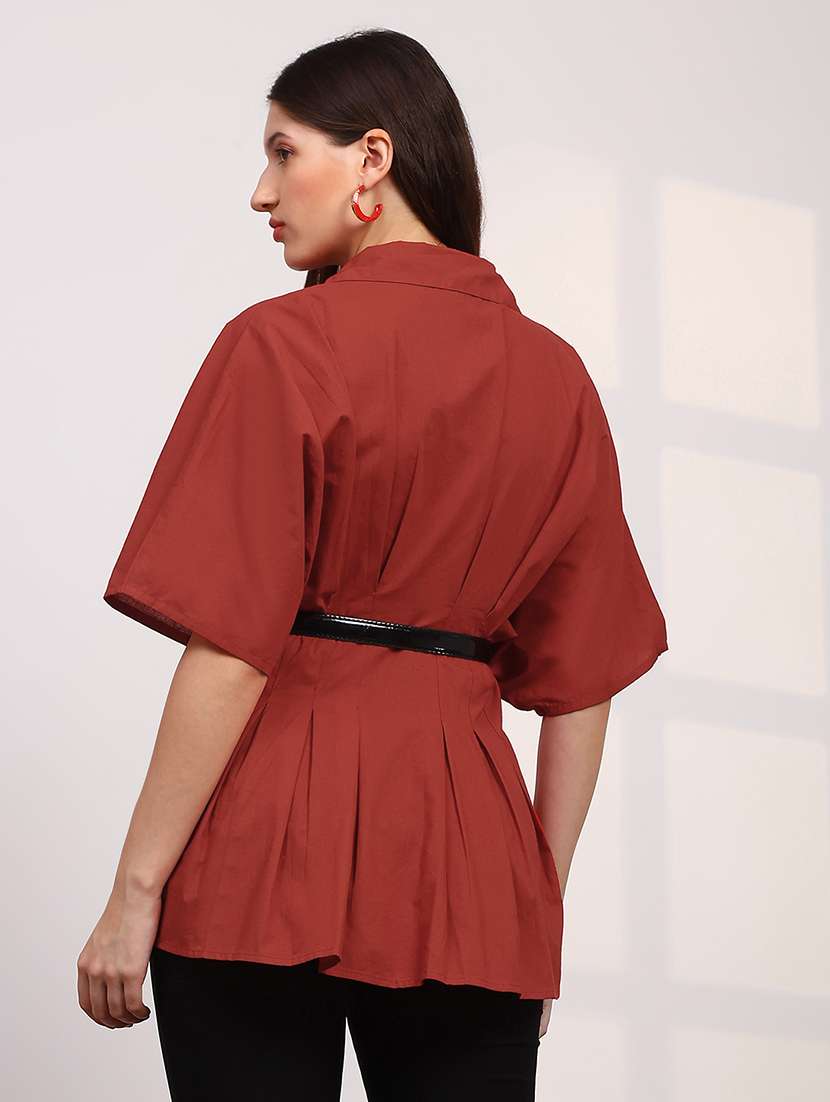 globus women red spread collar extended sleeves flared hem pleated shirt - 22147842 -  Standard Image - 2