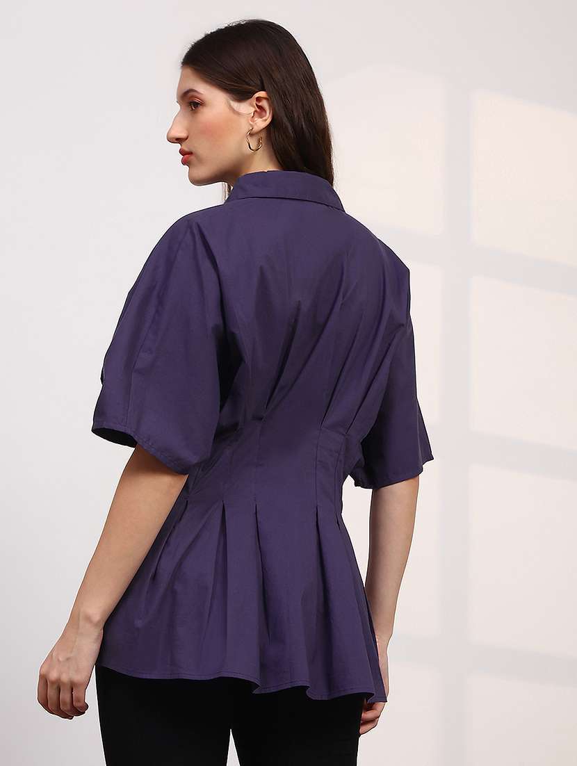 globus women purple spread collar extended sleeves flared hem pleated shirt - 22147843 -  Standard Image - 2