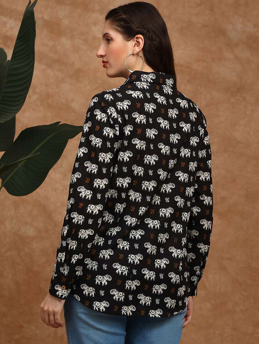 globus women black collared neck cuffed sleeves tribal print shirt style fusion wear tunic - 22147847 -  Standard Image - 2