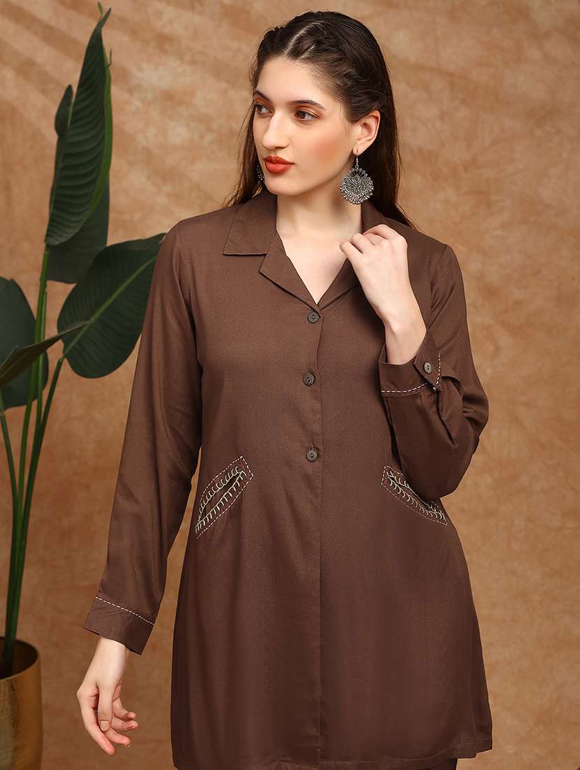 globus women brown cuban collar cuffed sleeves embroidered detail pockets shirt style tunic & trousers co-ord set