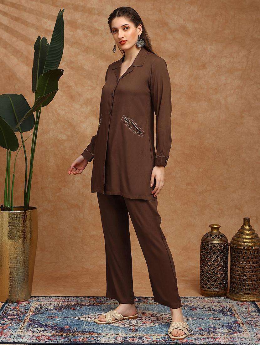 globus women brown cuban collar cuffed sleeves embroidered detail pockets shirt style tunic & trousers co-ord set - 22147848 -  Standard Image - 2