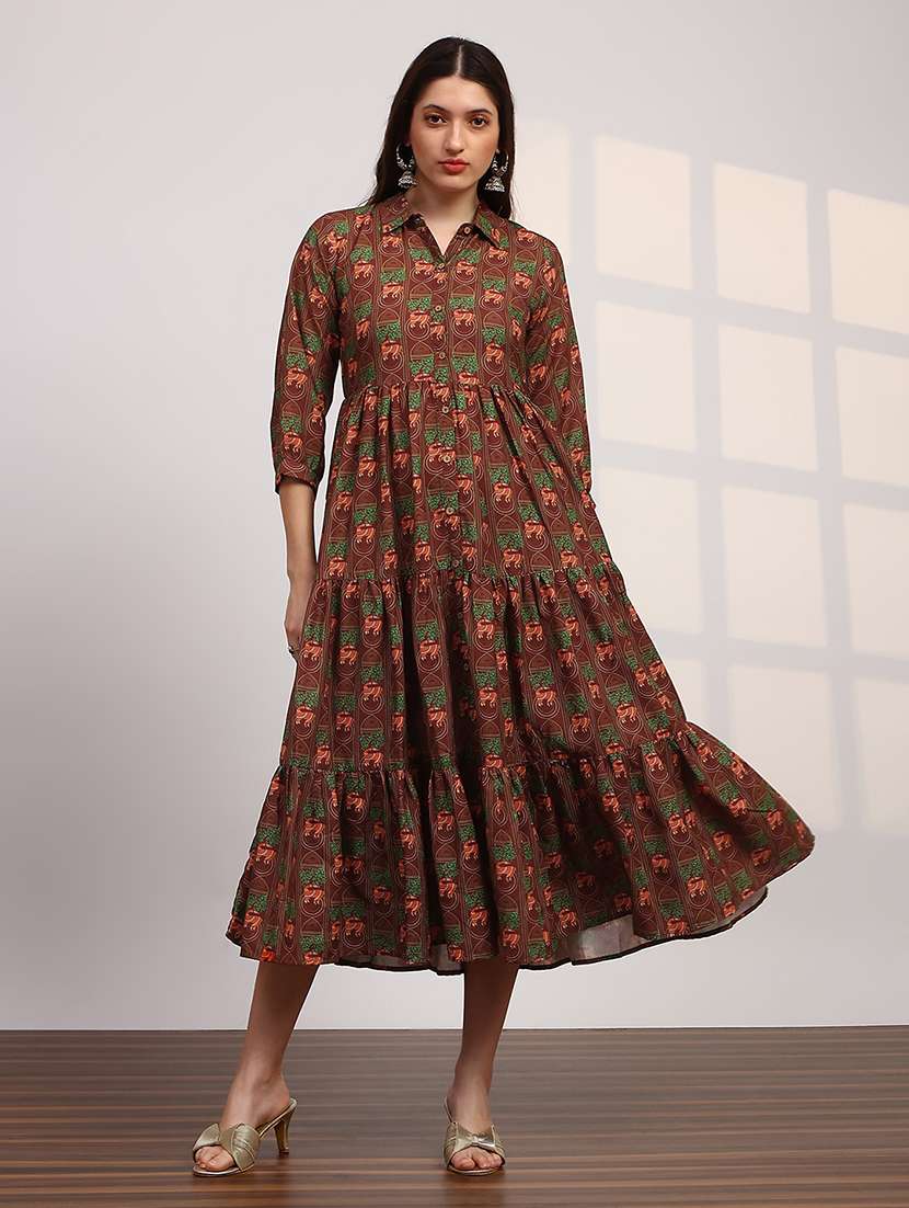 globus women brown collared neck tribal print bishop sleeves button down fit and flare tiered midi fusion dress