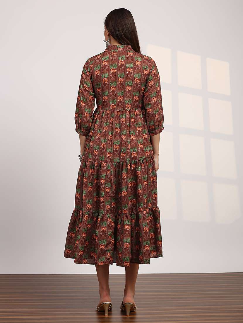 globus women brown collared neck tribal print bishop sleeves button down fit and flare tiered midi fusion dress - 22147853 -  Standard Image - 2