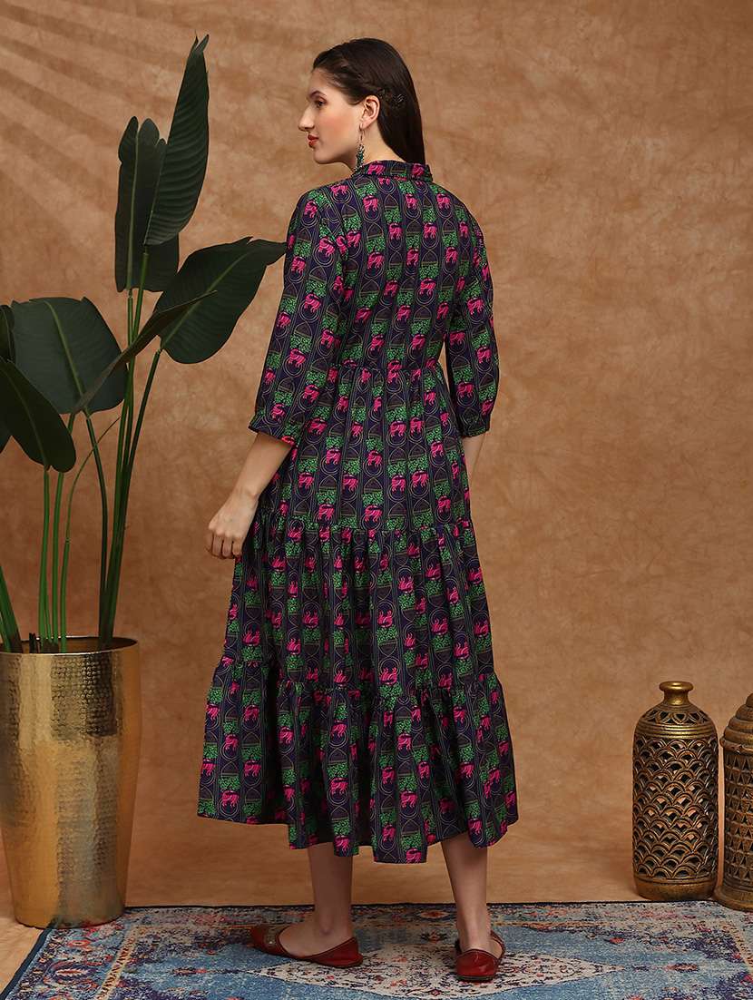 globus women purple collared neck tribal print bishop sleeves button down fit and flare tiered midi fusion dress - 22147854 -  Standard Image - 2