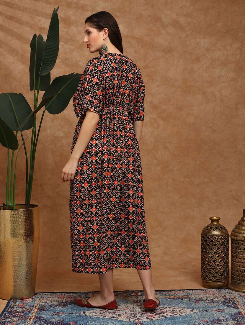 globus women black ethnic print v-neck kimono sleeves gathered detail fit and flare festive dress - 22147856 -  Standard Image - 2