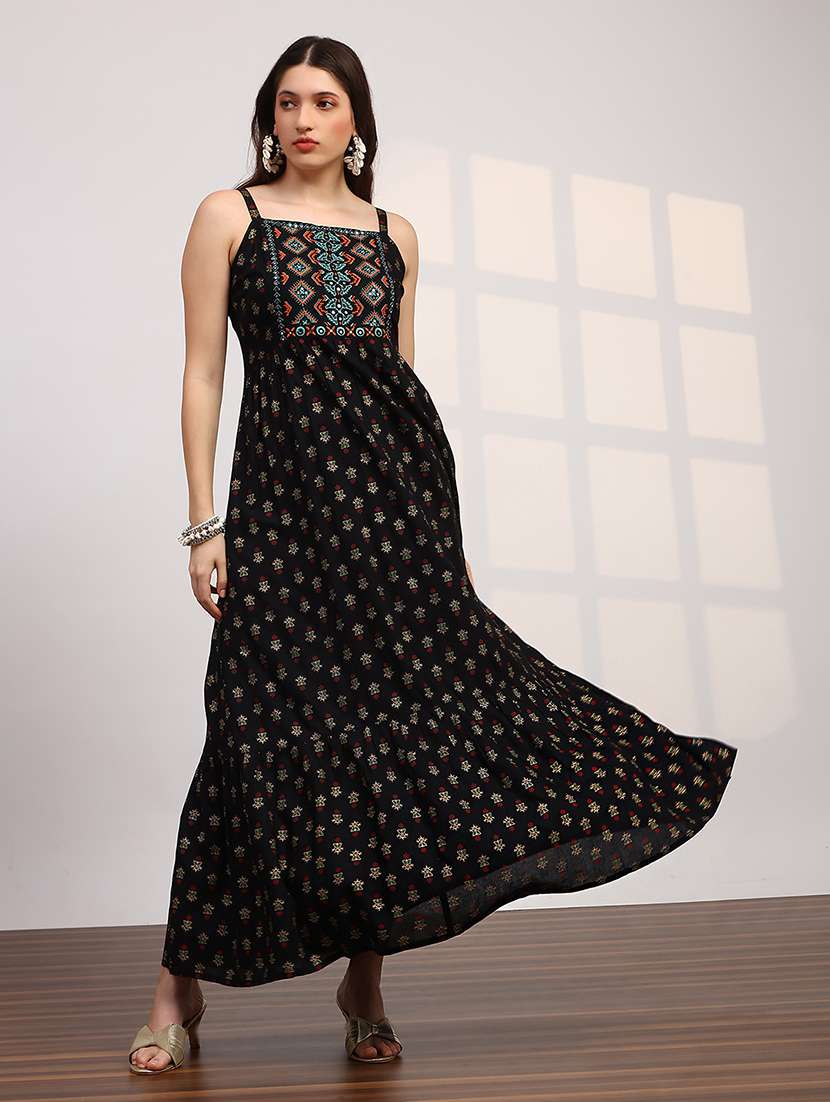 globus women black ethnic print embroidered detail square neck shoulder strap fit and flare maxi dress