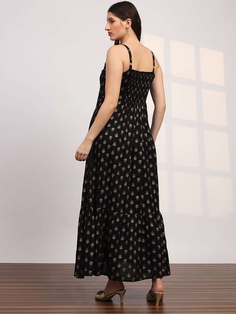 globus women black ethnic print embroidered detail square neck shoulder strap fit and flare maxi dress - 22147857 -  Standard Image - 2