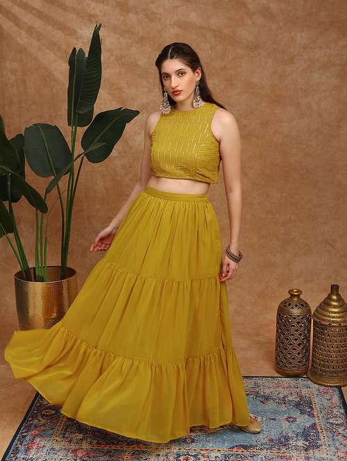 globus women mustard sequinned embroidered halter neck sleeveless georgette crop top & tiered skirt fusion co-ord set - 22147858 -  Standard Image - 0