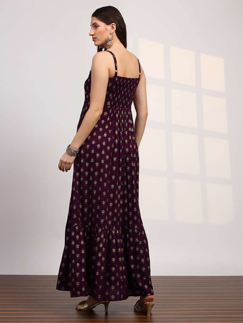 globus women wine ethnic print embroidered detail square neck shoulder strap fit and flare maxi dress - 22147861 -  Standard Image - 2