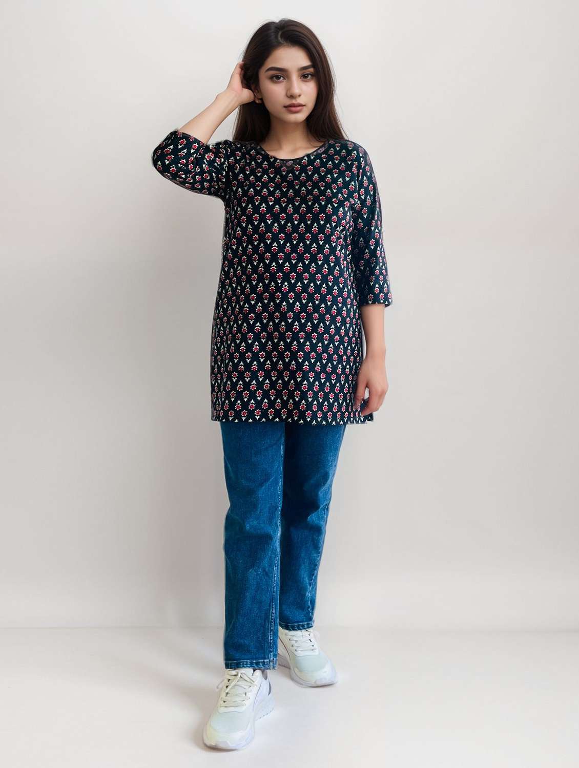 women printed three quarter sleeve straight kurti - 22147958 -  Standard Image - 2