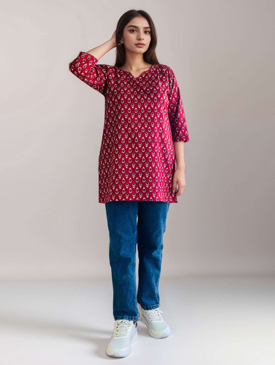 women printed three quarter sleeve straight kurti - 22147960 -  Standard Image - 2