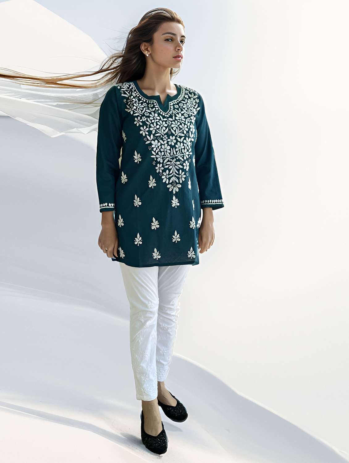 women embroidered three quarter sleeve straight kurti - 22147966 -  Standard Image - 2