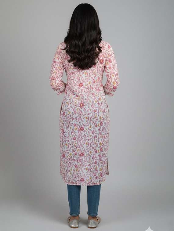 women floral three quarter sleeve straight kurta - 22147980 -  Standard Image - 2